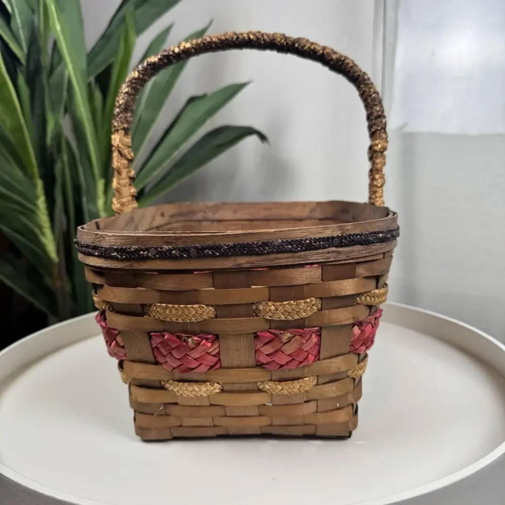 Vintage Primitive Gathering Basket Wood Splint Farm Market Basket Red‎ Accent